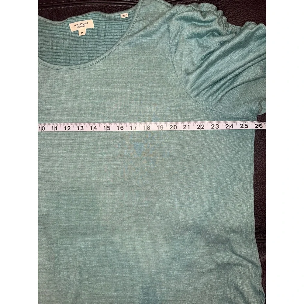 Max Studio London Ruched Puff Sleeve Top Sage Green Textured Womens 2X